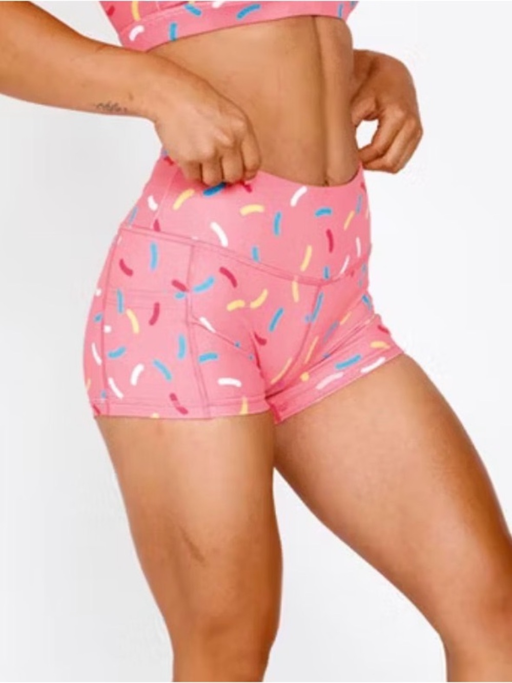Feed Me Fight Me Coral Bike Shorts with Multicolor Sprinkle Print